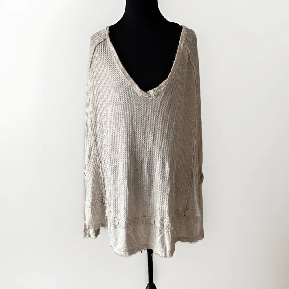 We‎ The Free People Laguna Thermal Waffle Oversized Top Oatmeal M Boho Grunge